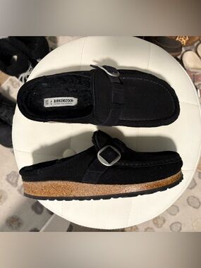 Birkenstock Black Suede Slip-On Mule with Silver Buckle